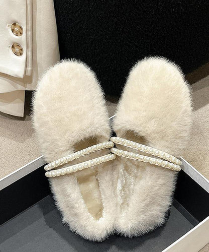 Stylish Beige Fuzzy Fur Nail Bead Splicing Flat Feet Shoes Tq058