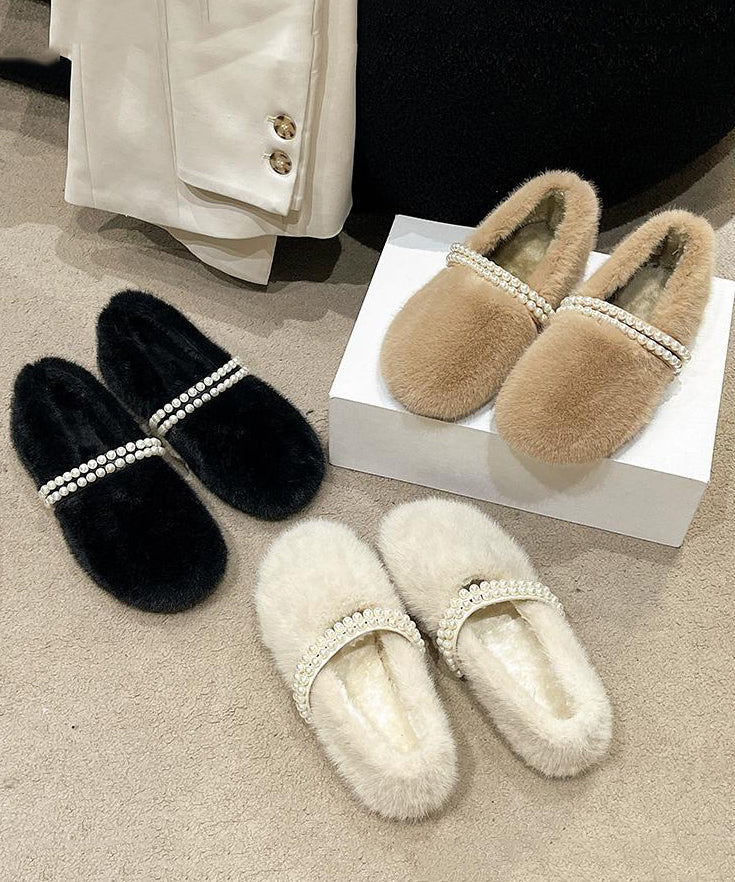 Stylish Beige Fuzzy Fur Nail Bead Splicing Flat Feet Shoes Tq058