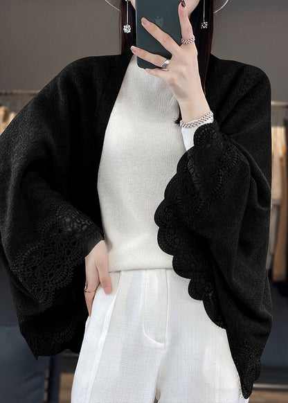 Stylish Beige Hollow Out Lace Patchwork Woolen Cardigans Fall Rl011