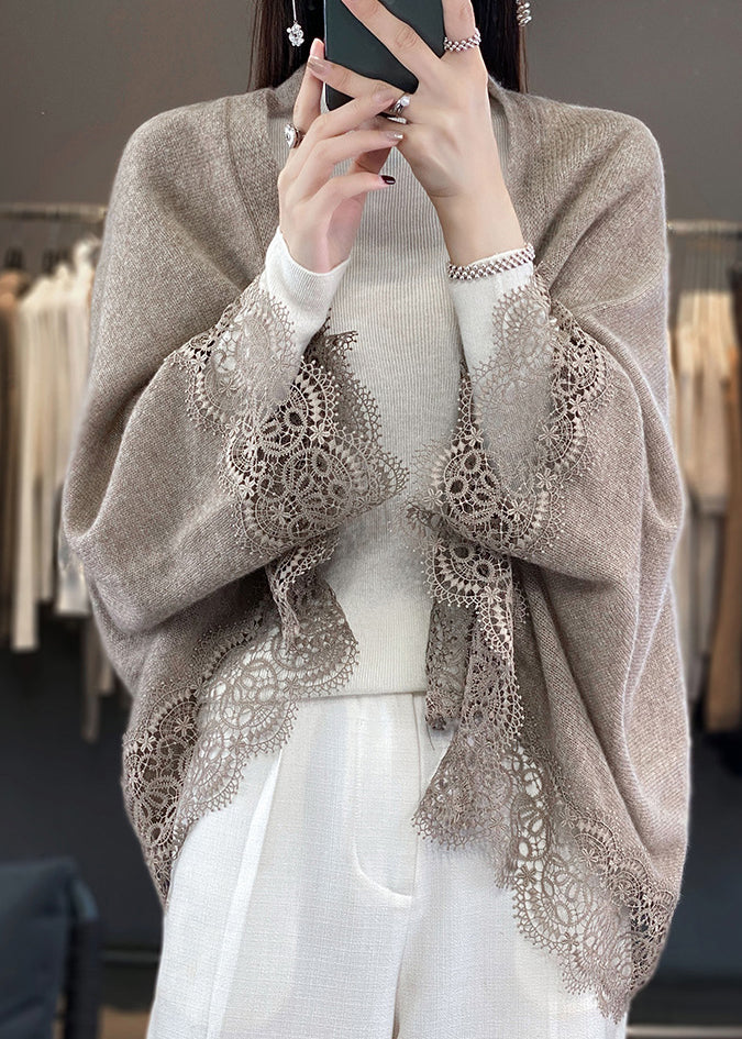 Stylish Beige Hollow Out Lace Patchwork Woolen Cardigans Fall Rl011