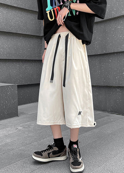 Stylish Beige Pockets Drawstring Crop Pants Summer Yt027