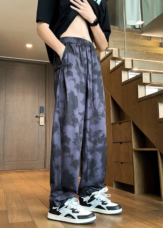 Stylish Beige Pockets Tie Dye Chinese Button Ice Silk Pants Summer Yt050