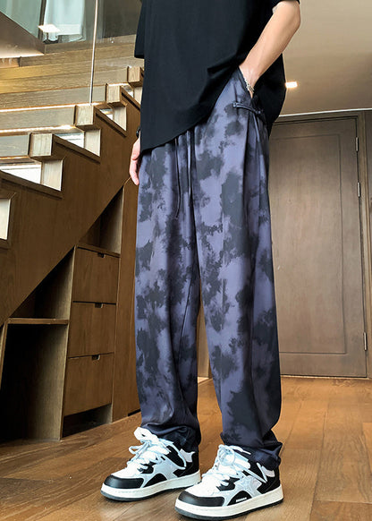 Stylish Beige Pockets Tie Dye Chinese Button Ice Silk Pants Summer Yt050