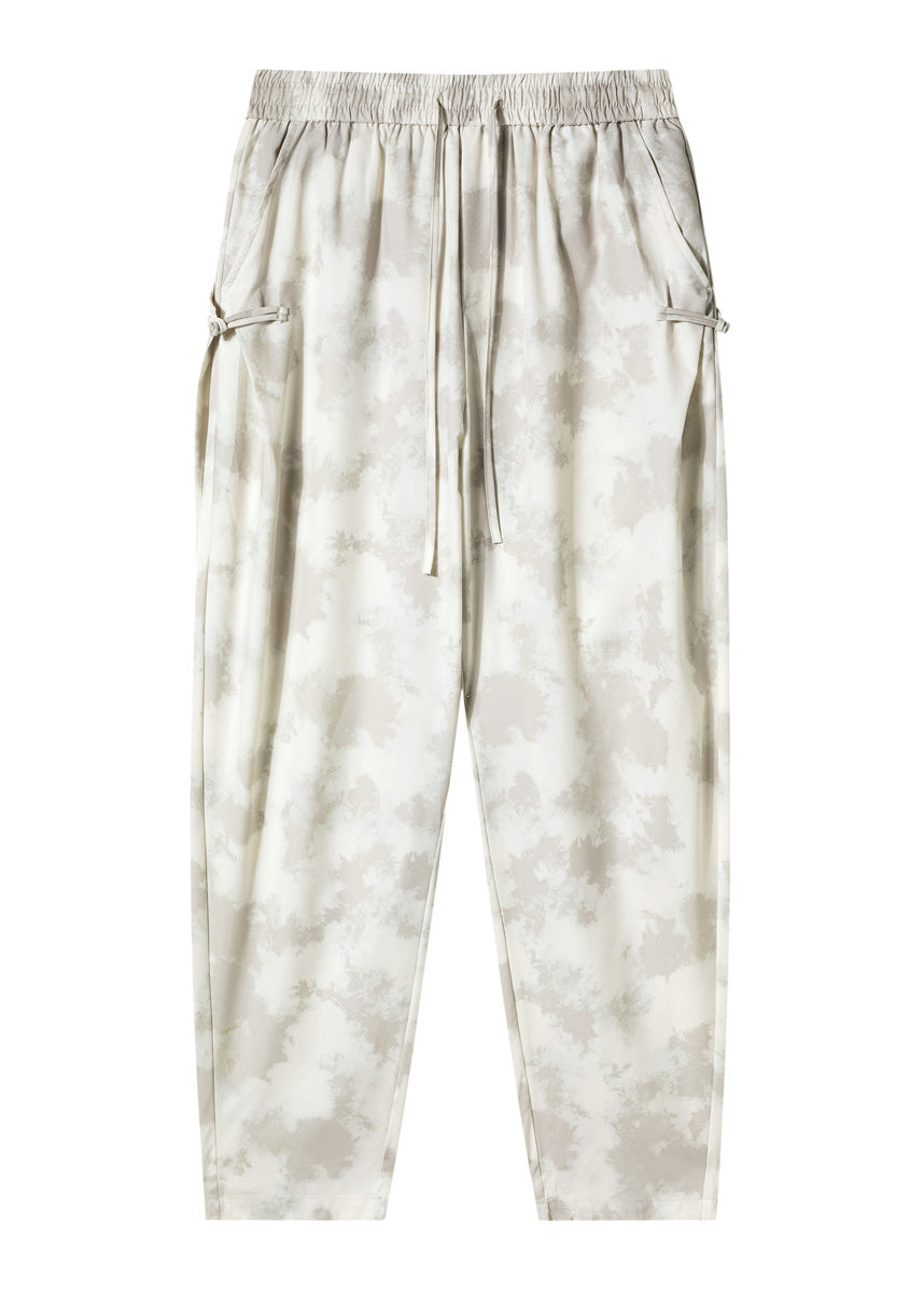 Stylish Beige Pockets Tie Dye Chinese Button Ice Silk Pants Summer Yt050