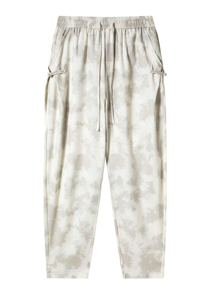 Stylish Beige Pockets Tie Dye Chinese Button Ice Silk Pants Summer Yt050