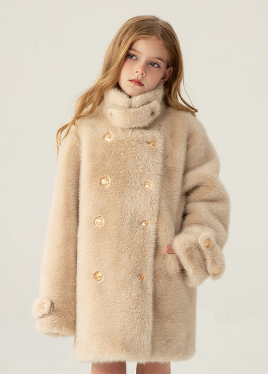 Stylish Beige Stand Collar Pockets Kids Long Mink Velvet Coats Winter Wl013