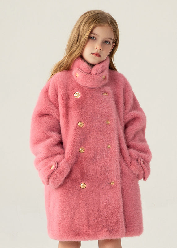 Stylish Beige Stand Collar Pockets Kids Long Mink Velvet Coats Winter Wl013