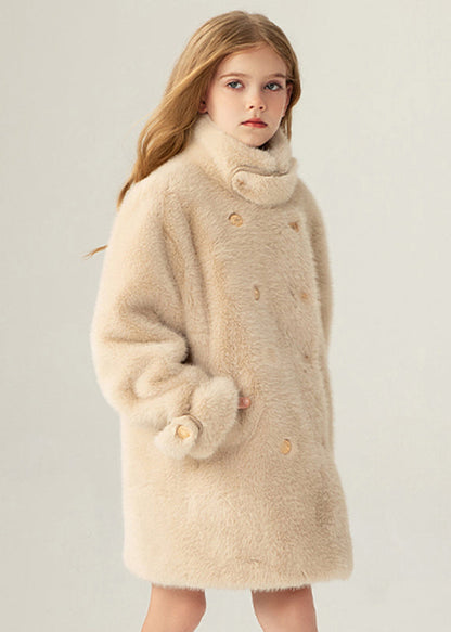 Stylish Beige Stand Collar Pockets Kids Long Mink Velvet Coats Winter Wl013