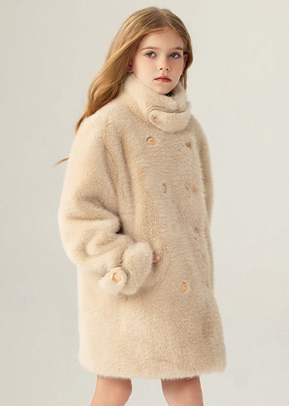 Stylish Beige Stand Collar Pockets Kids Long Mink Velvet Coats Winter Wl013
