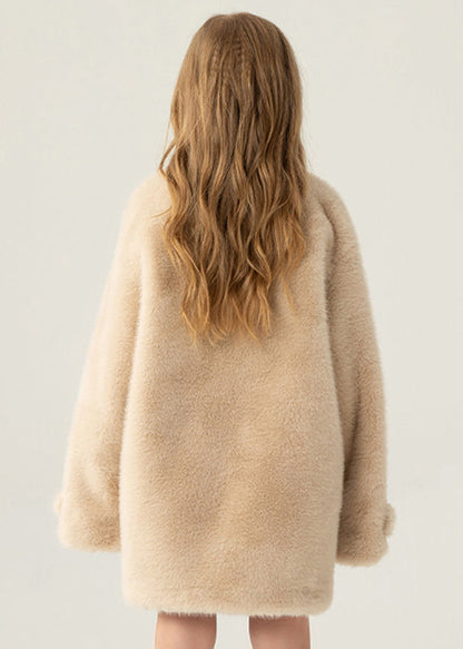 Stylish Beige Stand Collar Pockets Kids Long Mink Velvet Coats Winter Wl013
