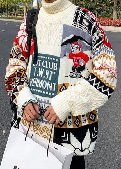 Stylish Beige Turtleneck Patchwork Warm Fleece Sweaters Winte Rj050