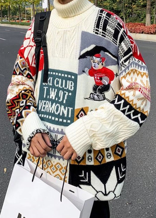 Stylish Beige Turtleneck Patchwork Warm Fleece Sweaters Winte Rj050