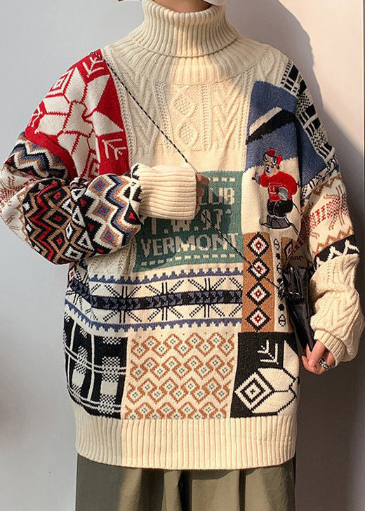 Stylish Beige Turtleneck Patchwork Warm Fleece Sweaters Winte Rj050