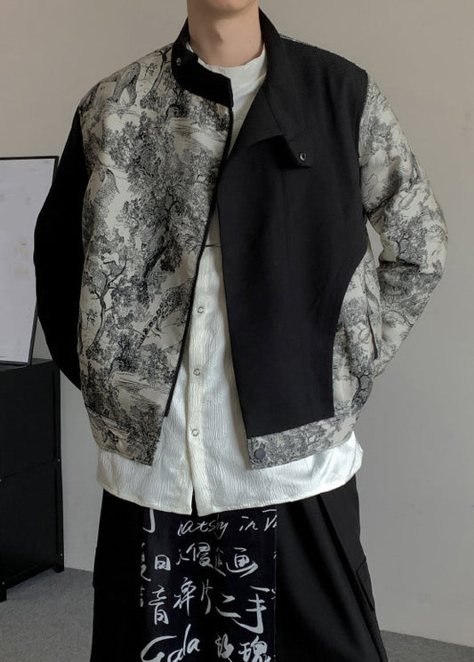 Stylish Black Asymmetrical Print Cotton Coat Fall Ro020