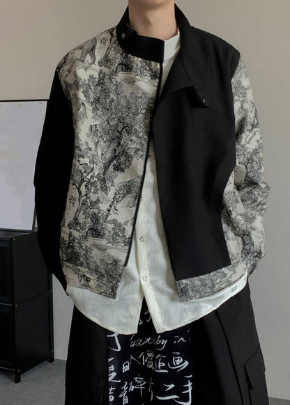 Stylish Black Asymmetrical Print Cotton Coat Fall Ro020