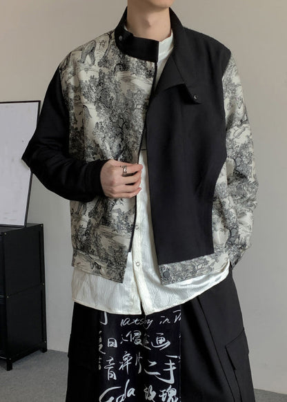 Stylish Black Asymmetrical Print Cotton Coat Fall Ro020