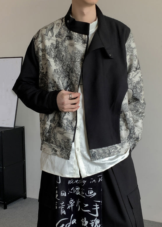 Stylish Black Asymmetrical Print Cotton Coat Fall Ro020