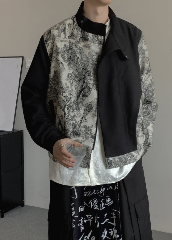 Stylish Black Asymmetrical Print Cotton Coat Fall Ro020