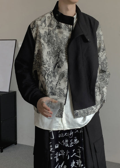 Stylish Black Asymmetrical Print Cotton Coat Fall Ro020