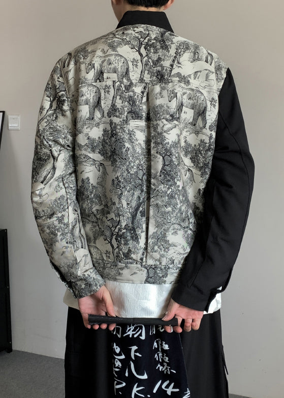 Stylish Black Asymmetrical Print Cotton Coat Fall Ro020