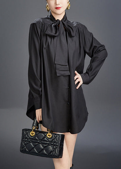 Stylish Black Bow Cotton Fall Blouses Aj1014