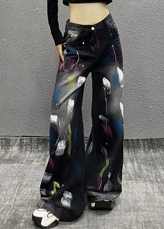Stylish Black Graffiti High Waist Denim Wide Leg Pants Fall Wp049