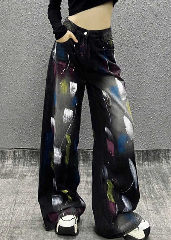 Stylish Black Graffiti High Waist Denim Wide Leg Pants Fall Wp049