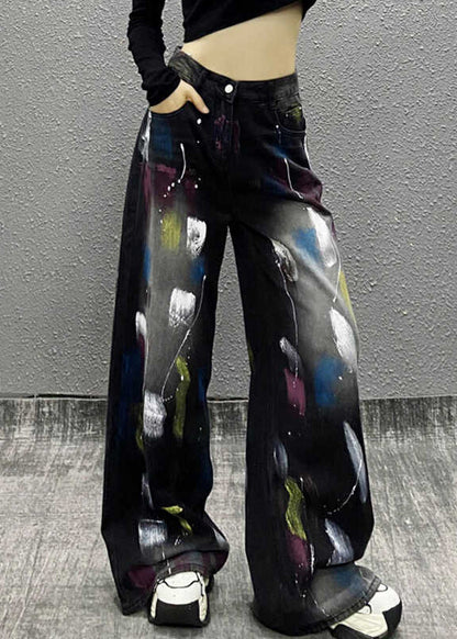 Stylish Black Graffiti High Waist Denim Wide Leg Pants Fall Wp049