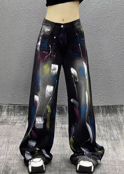Stylish Black Graffiti High Waist Denim Wide Leg Pants Fall Wp049