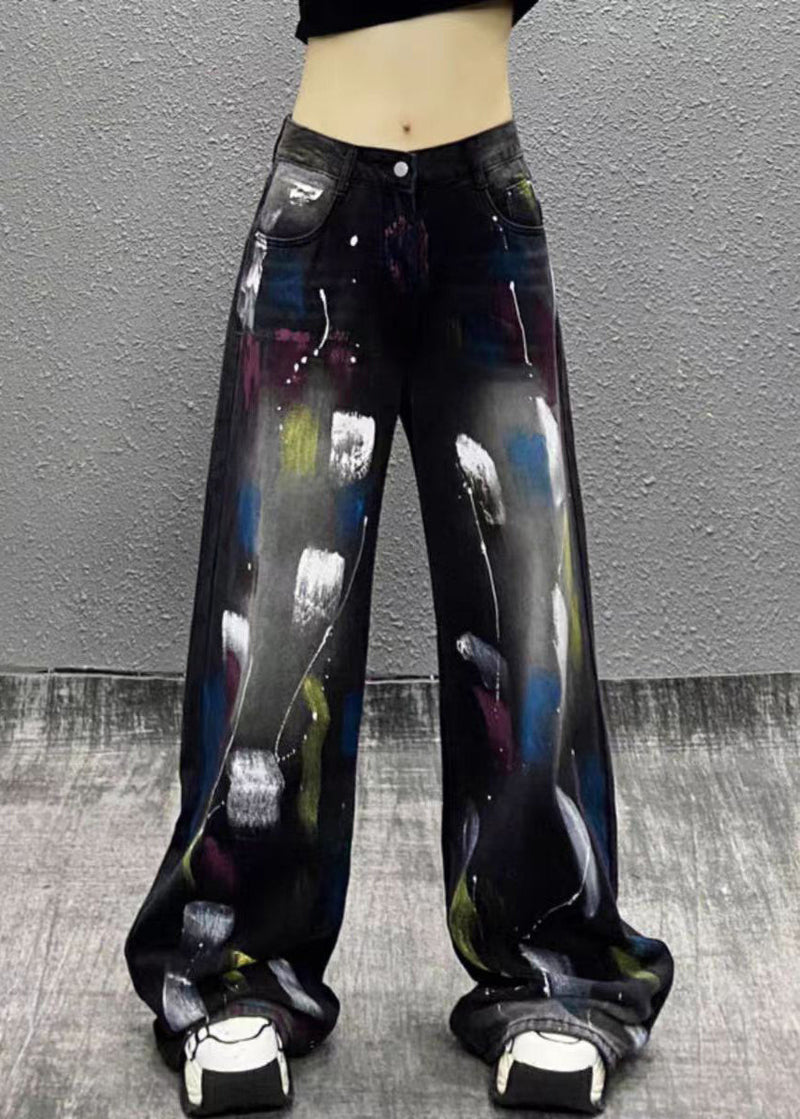 Stylish Black Graffiti High Waist Denim Wide Leg Pants Fall Wp049