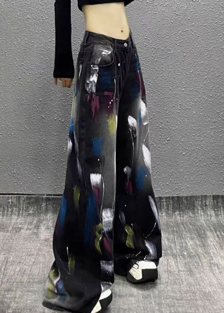 Stylish Black Graffiti High Waist Denim Wide Leg Pants Fall Wp049