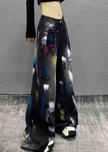 Stylish Black Graffiti High Waist Denim Wide Leg Pants Fall Wp049