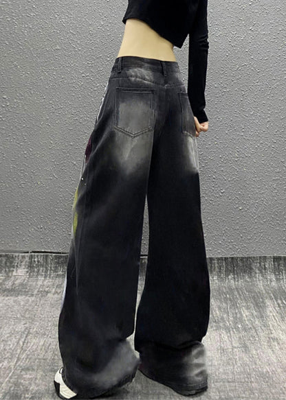 Stylish Black Graffiti High Waist Denim Wide Leg Pants Fall Wp049