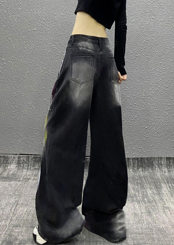 Stylish Black Graffiti High Waist Denim Wide Leg Pants Fall Wp049