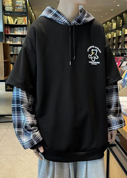Spring Sweatshirts Patchwork Hooded Stylish Cotton Black