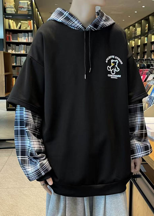 Spring Sweatshirts Patchwork Hooded Stylish Cotton Black