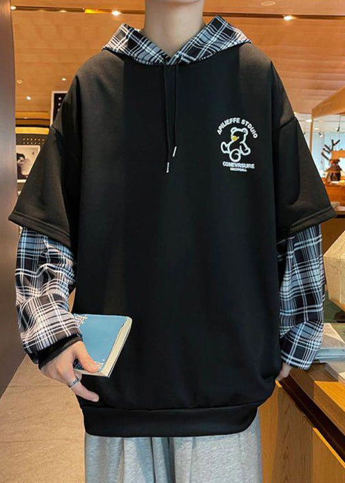 Spring Sweatshirts Patchwork Hooded Stylish Cotton Black