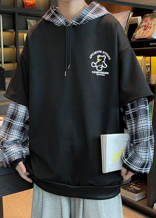 Spring Sweatshirts Patchwork Hooded Stylish Cotton Black