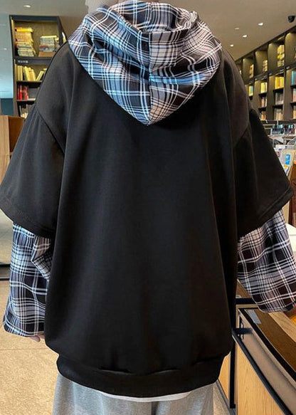Spring Sweatshirts Patchwork Hooded Stylish Cotton Black