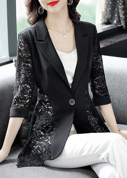 Stylish Black Notched Collar Lace Patchwork Hollow Out Spandex Coats Summer Ly0993