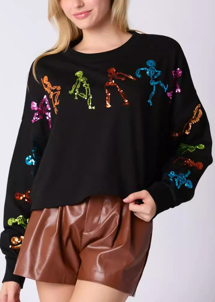 Stylish Black O Neck Sequins Cotton Sweatshirt Fall Ae1002