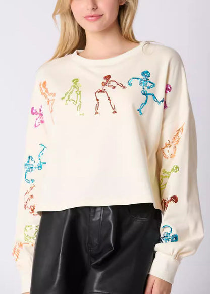 Stylish Black O Neck Sequins Cotton Sweatshirt Fall Ae1002