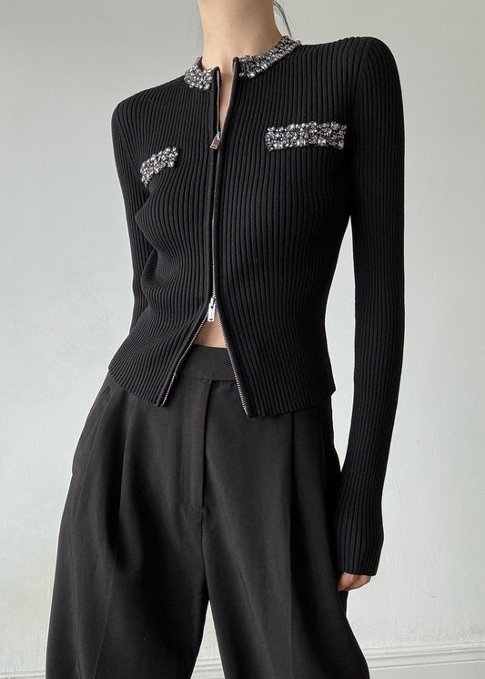 Stylish Black O-neck Zip Up Zircon Wool Cardigans Spring Ty003