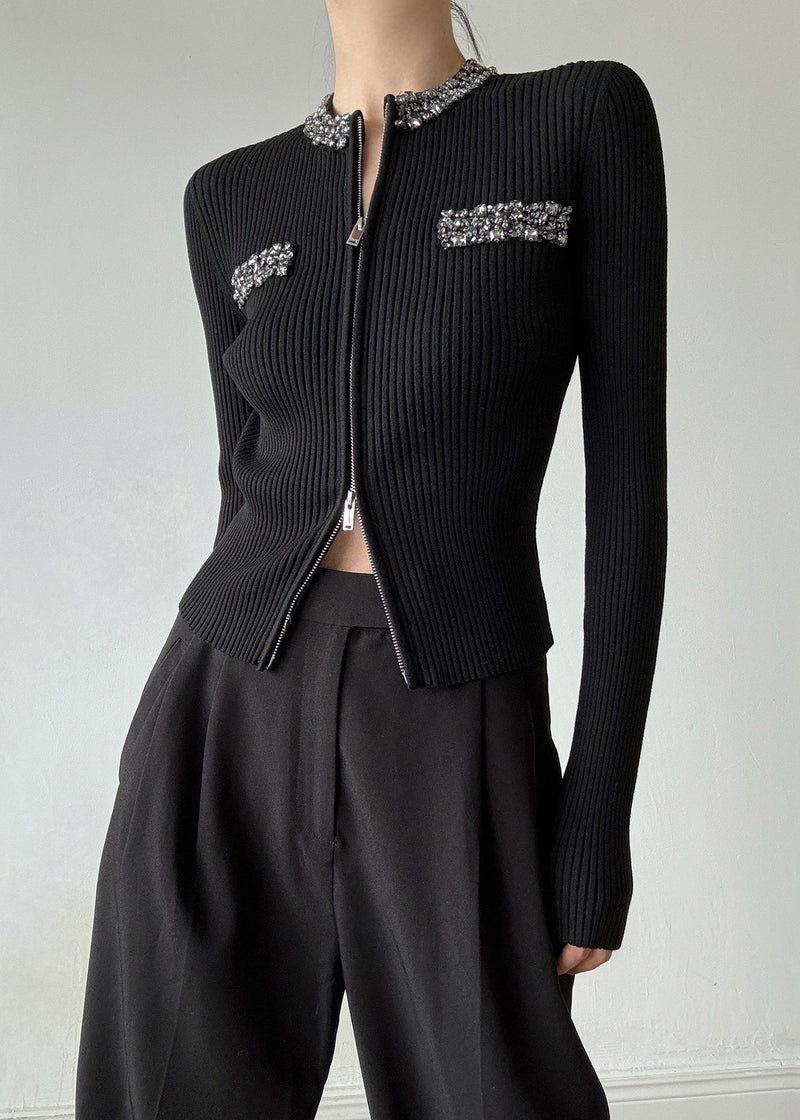 Stylish Black O-neck Zip Up Zircon Wool Cardigans Spring Ty003