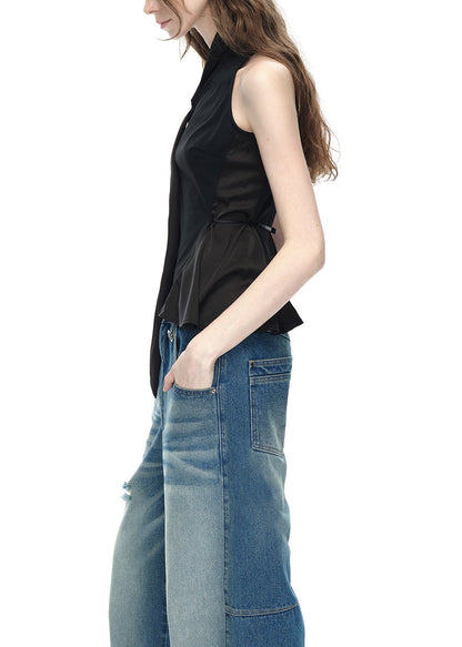 Stylish Black One Shoulder Bow Patchwork Cotton Blouse Tops Sleeveless Ee002