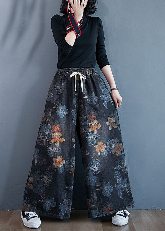 Stylish Black Oversized Print Cotton Denim Straight Pants Spring Ly1539
