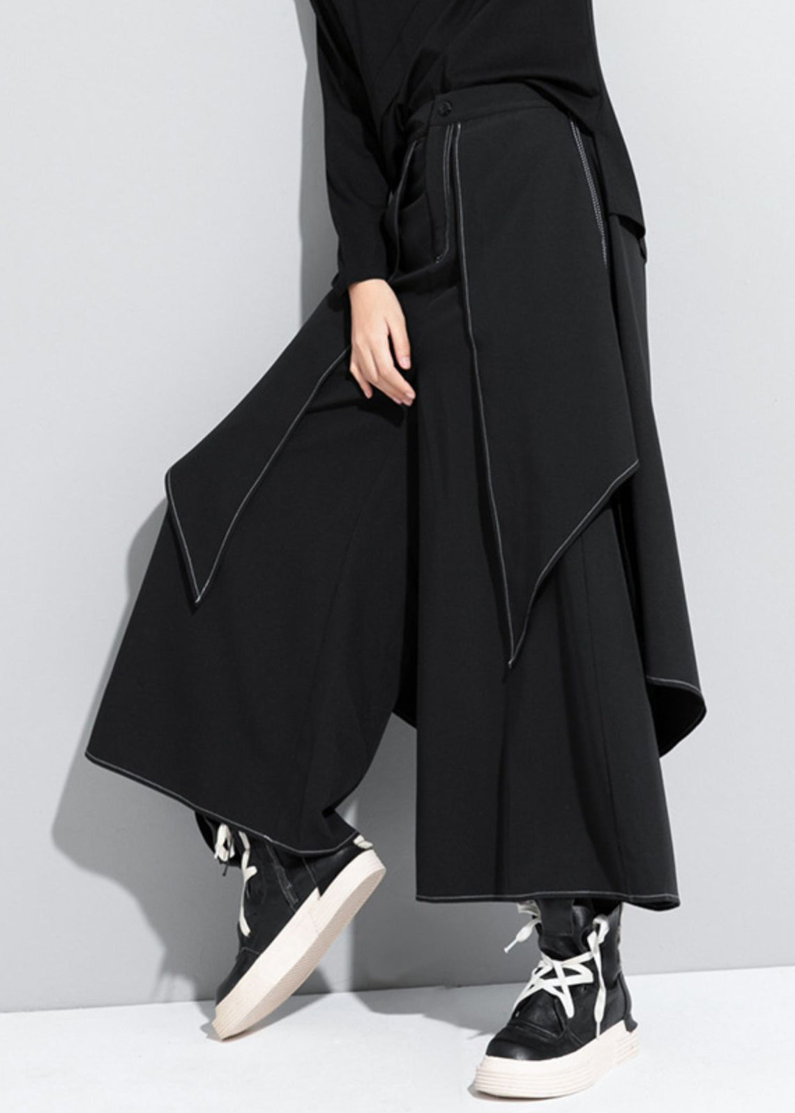 Stylish Black Patchwork High Waist Draping Wide Leg Pants Spring Rz002