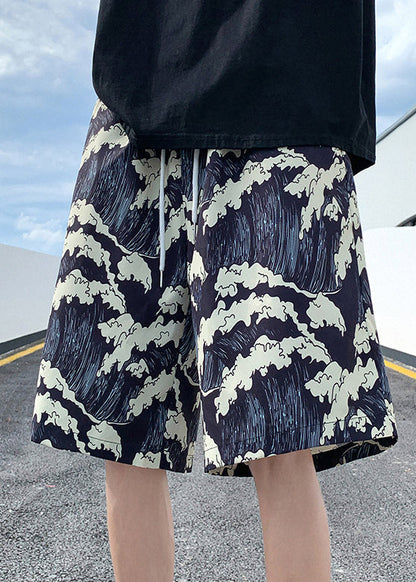 Summer Black Ice Stylish Print Silk Elastic Waist Shorts