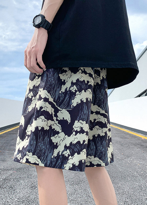 Summer Black Ice Stylish Print Silk Elastic Waist Shorts