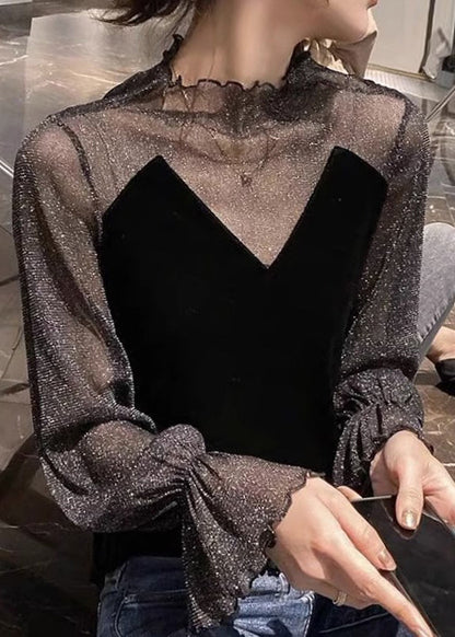 Stylish Black Tulle Patchwork Silk Velour Blouses Flare Sleeve Wm020